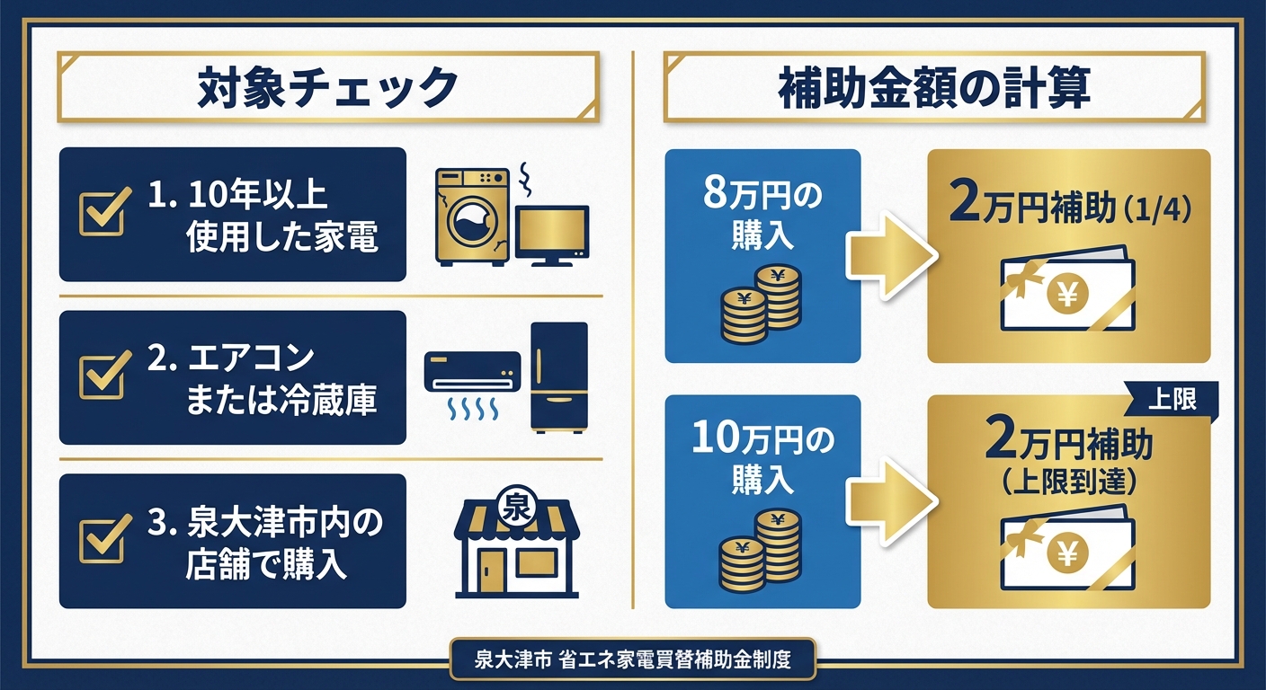 AI図解: 泉大津市：省エネ家電助成の対象判定と補助額シミュレーション