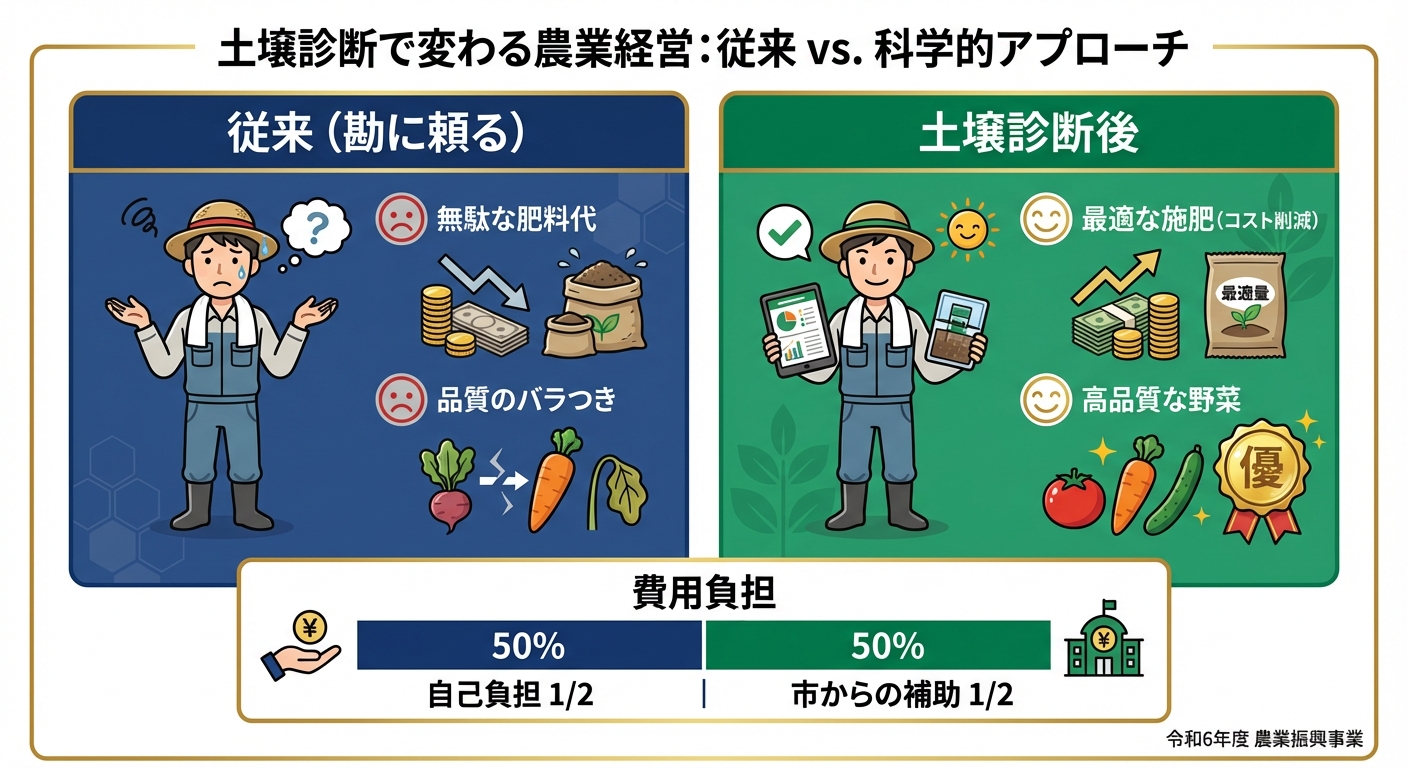 AI図解: 土壌診断の費用負担と導入メリットの比較図解