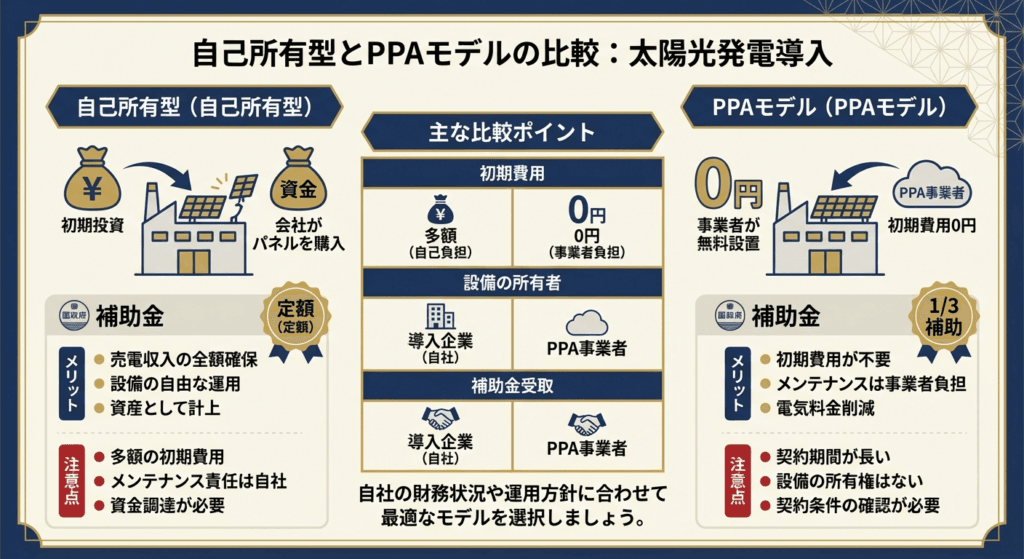 AI図解: 「自己所有型」と「PPAモデル」の仕組みと補助率の比較図