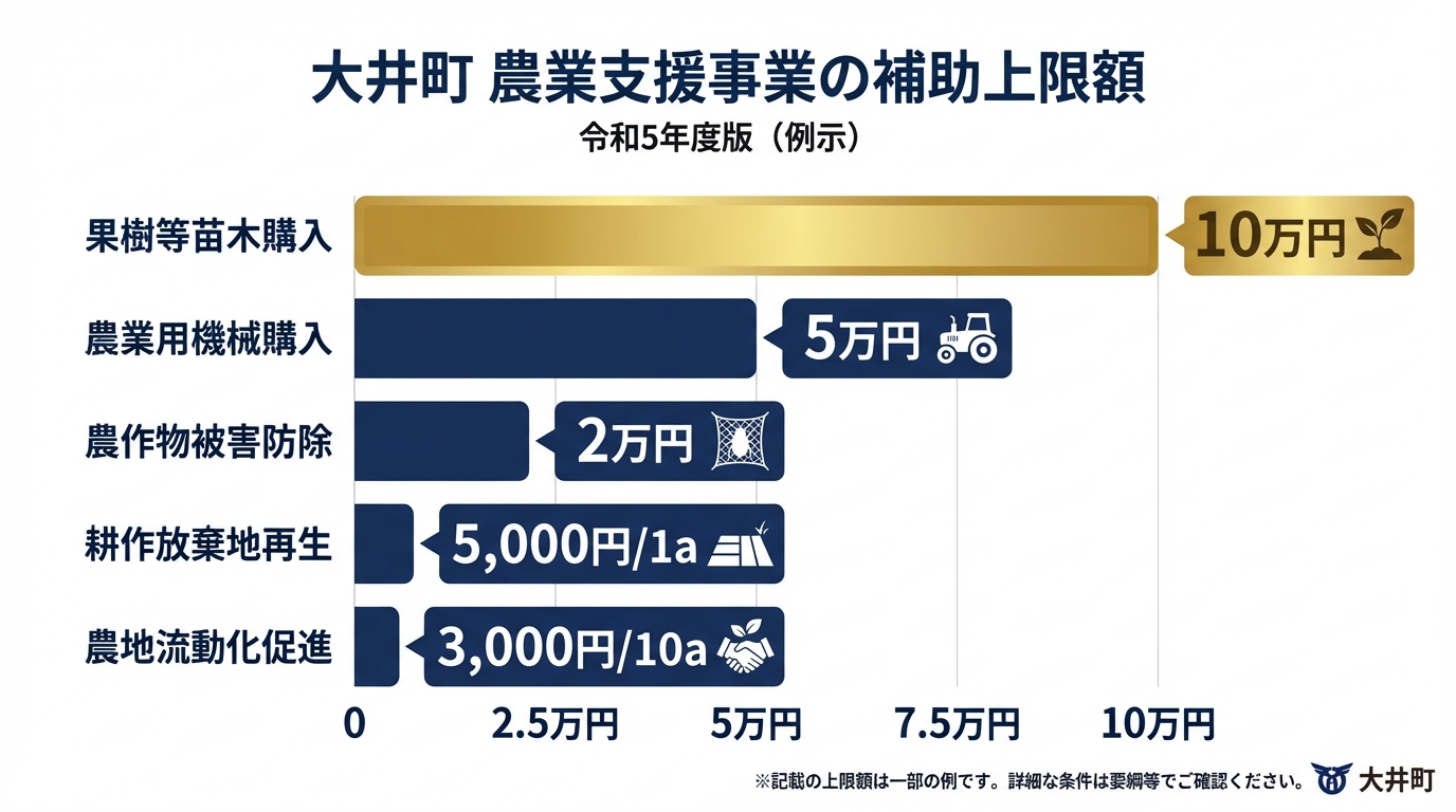 AI図解: 5つの農業支援事業の補助上限額比較