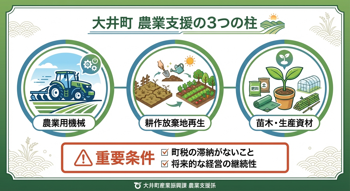 AI図解: 大井町：農業支援の3つの柱と必須条件