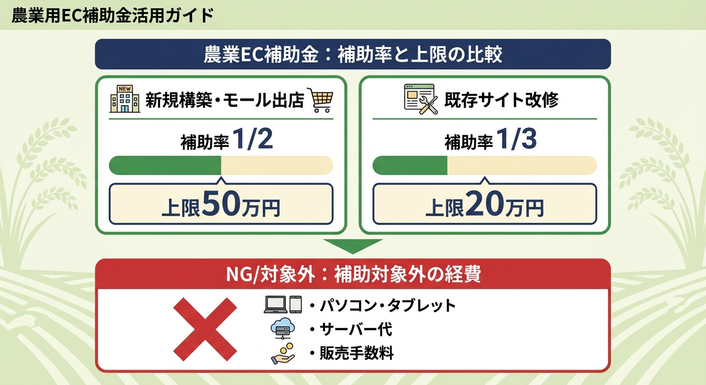 AI図解: 農業EC支援の補助率・上限額と対象外経費の比較