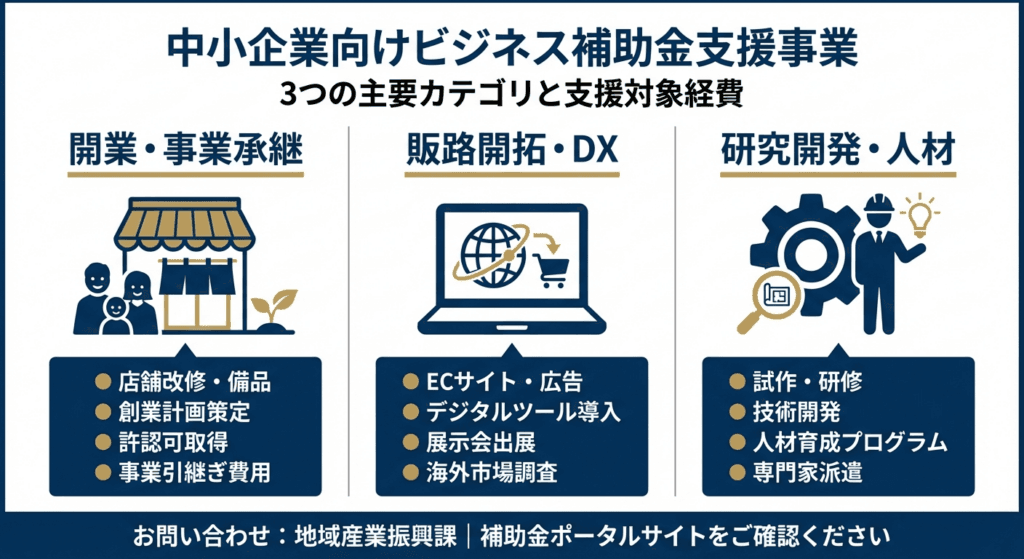 AI図解: 小千谷市・商工業振興補助金の3つの支援区分