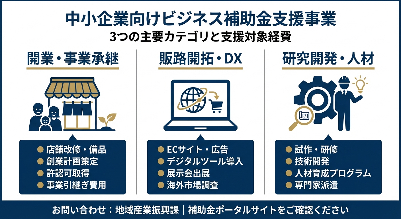 AI図解: 小千谷市・商工業振興補助金の3つの支援区分