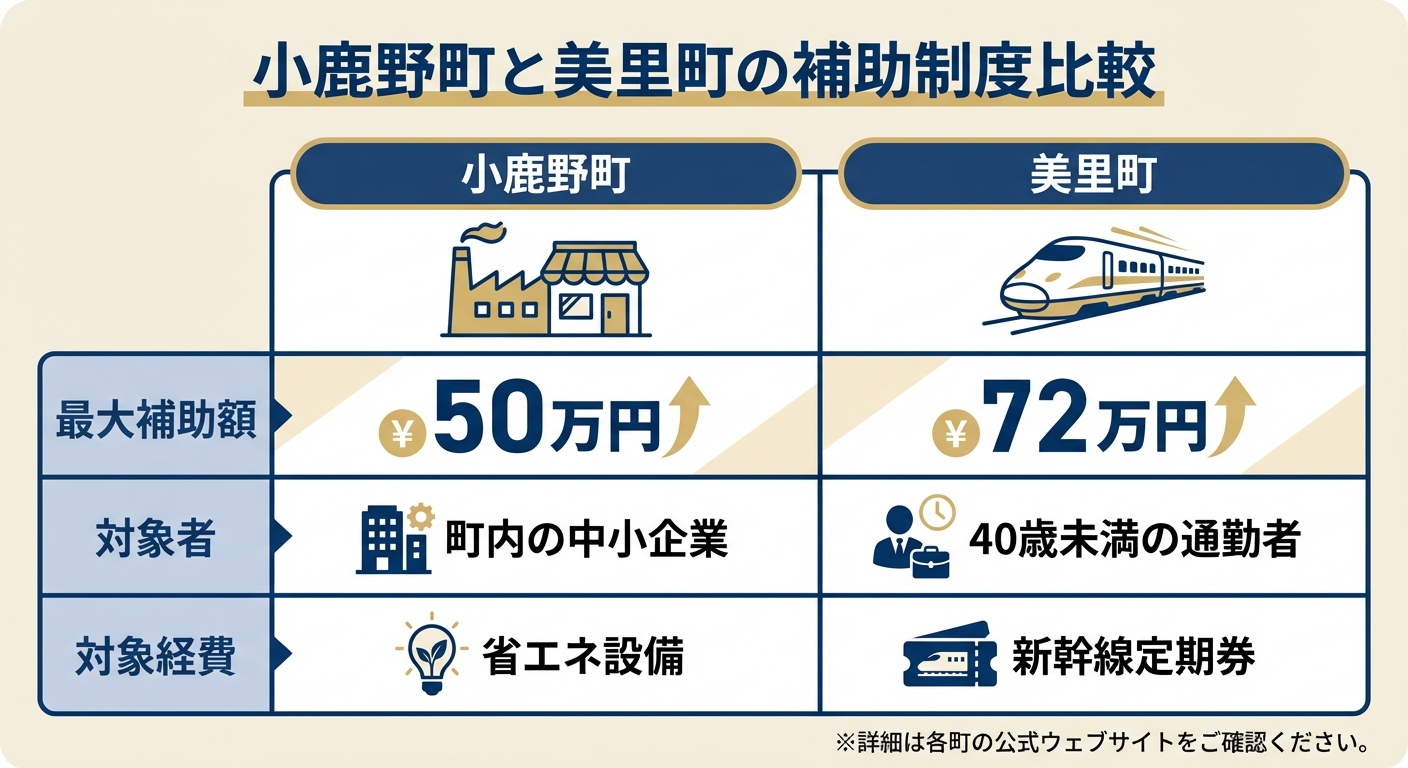 AI図解: 小鹿野町と美里町の補助金比較チャート