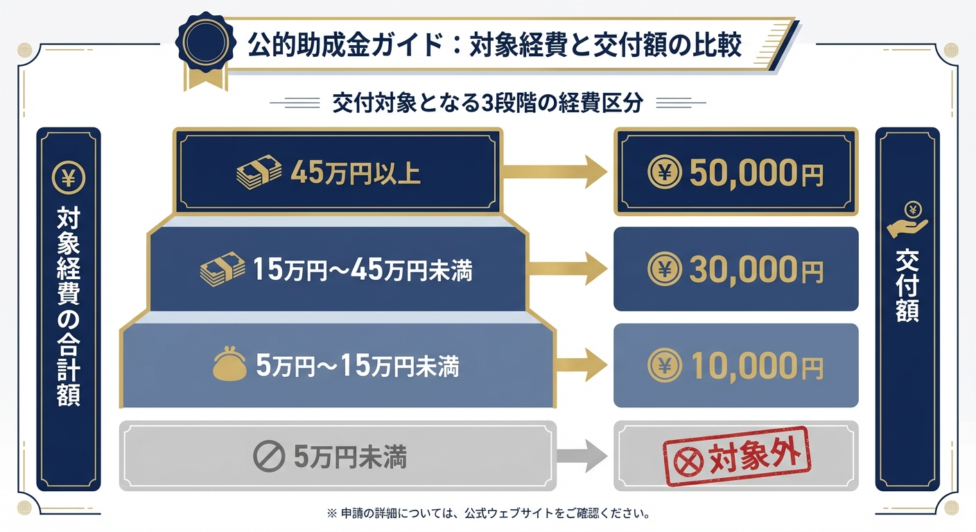 AI図解: 経費合計額に応じた支援金給付額の3段階シミュレーション