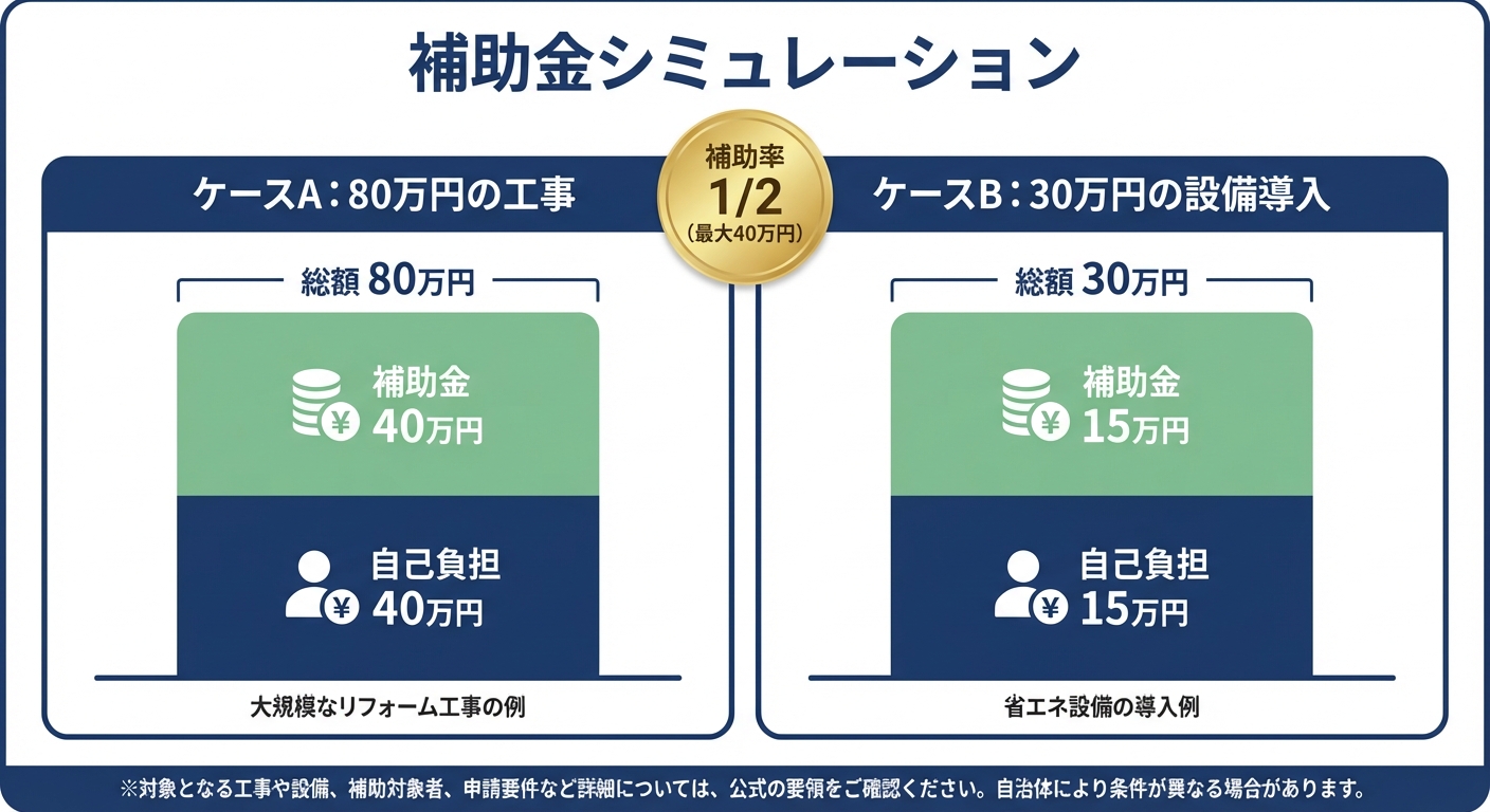 AI図解: 補助金支給額のシミュレーション（自己負担額の見える化）
