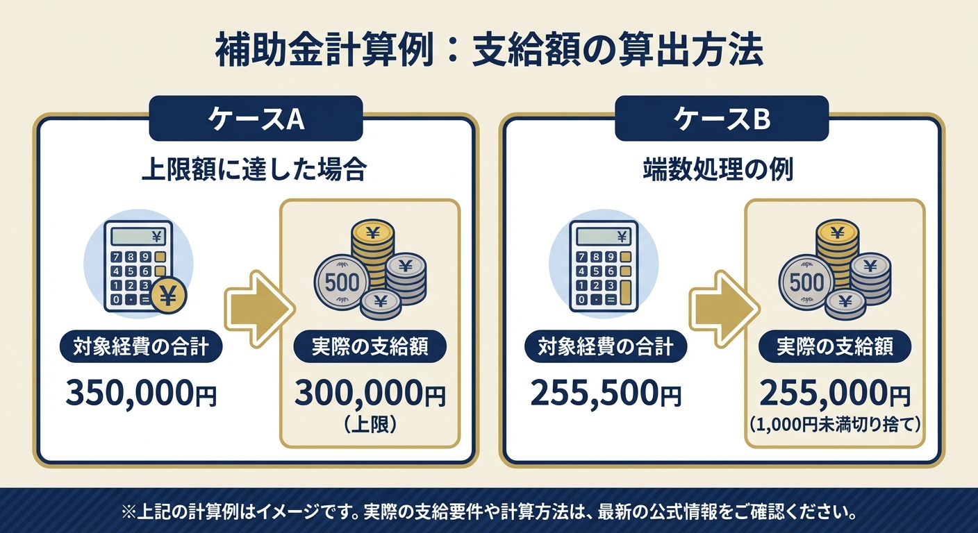 AI図解: 補助金支給額のシミュレーション(上限と切り捨ての図解)