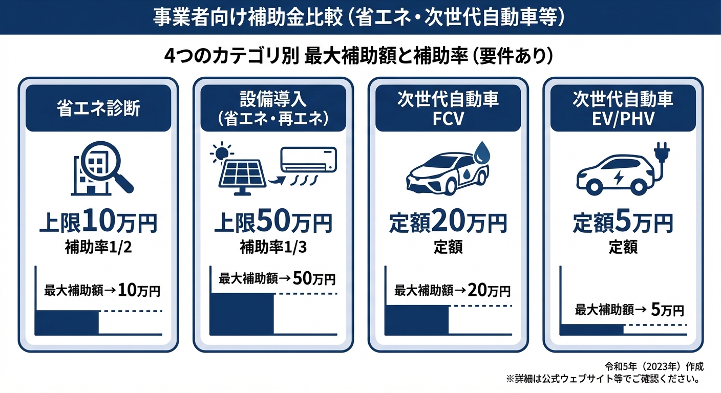 AI図解: 補助事業区分ごとの補助率と上限額の比較図解
