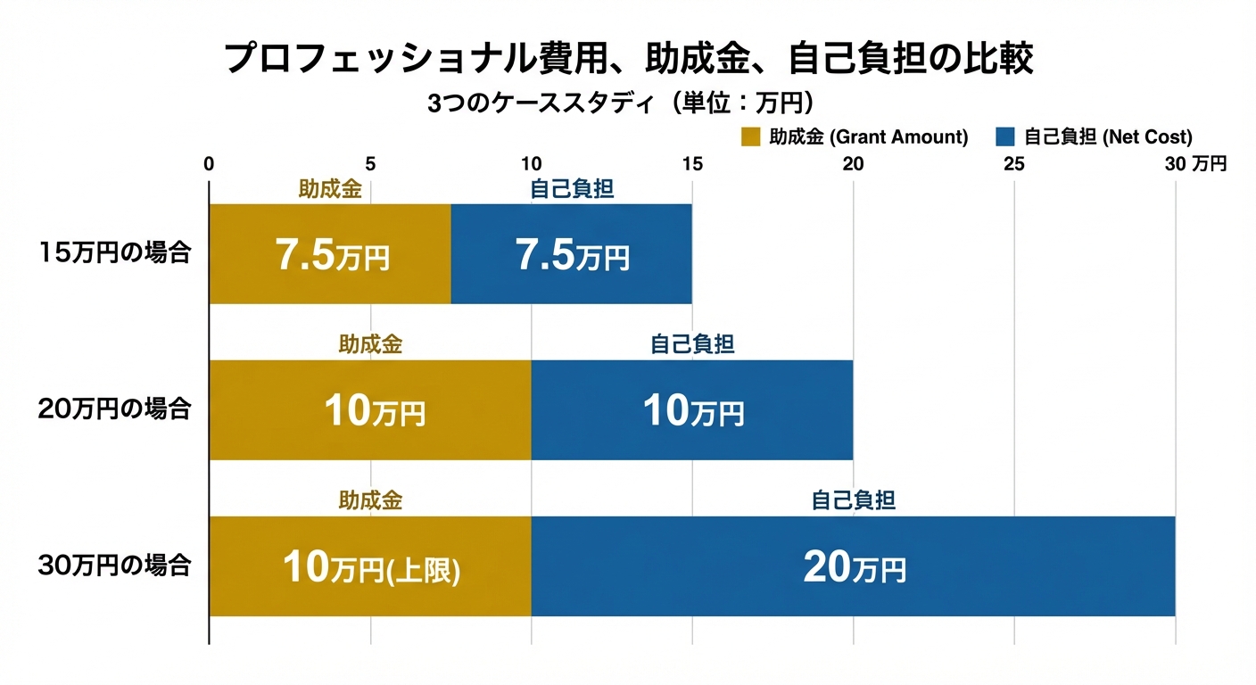 AI図解: 委託費用に応じた助成金・実質負担額シミュレーション