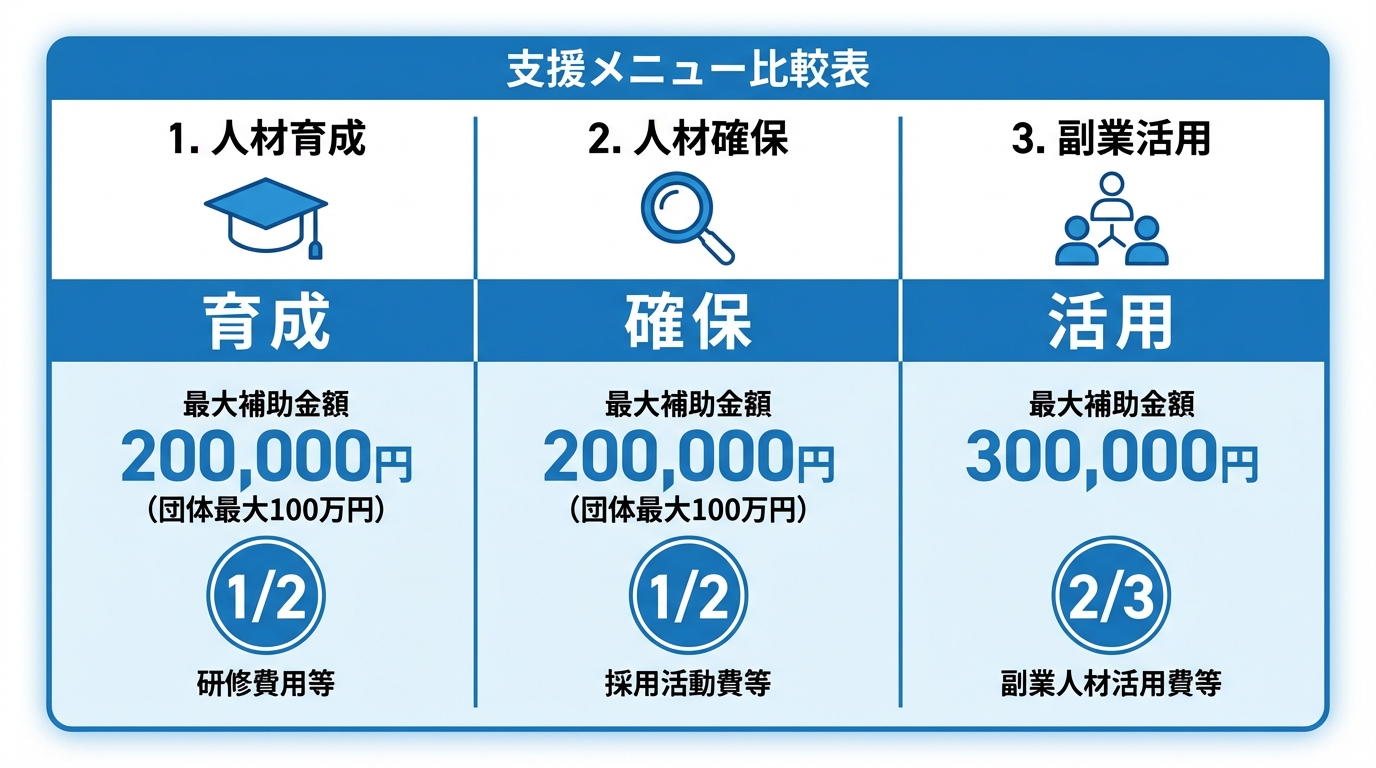 AI図解: 3つの支援メニューの比較（補助金額・補助率）