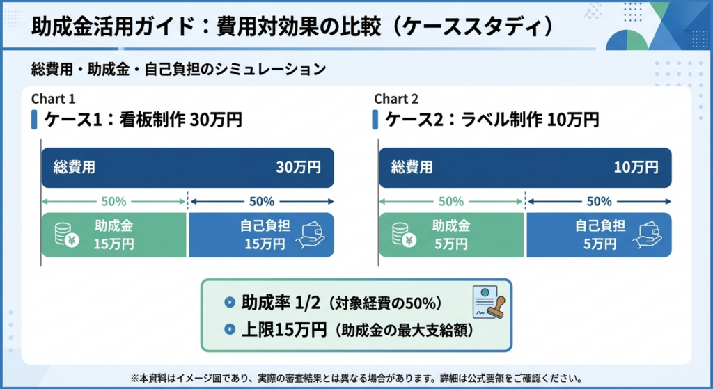AI図解: 助成金額と自己負担のシミュレーション(棒グラフ)