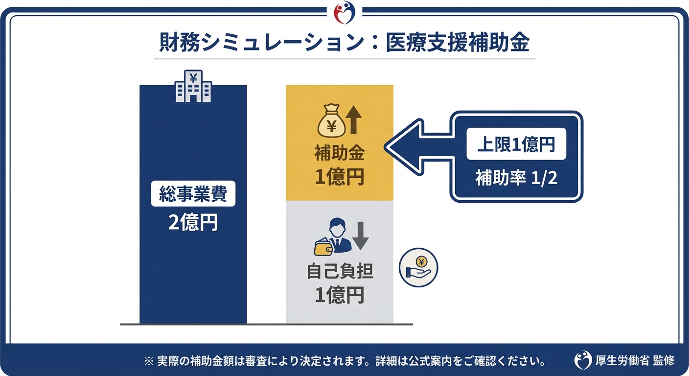 AI図解: 補助金額のシミュレーション（上限1億円・補助率1/2）