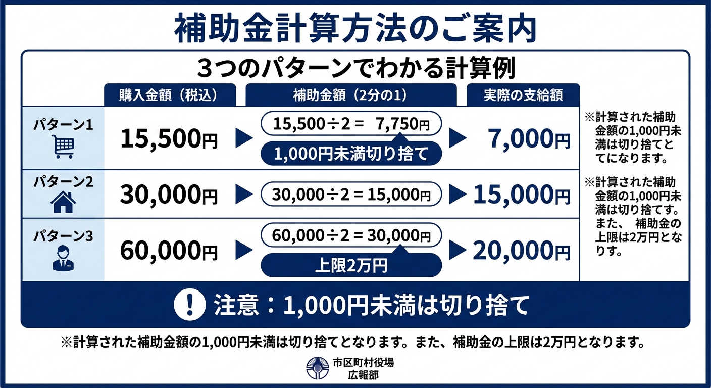 AI図解: 補助金額の計算シミュレーション（1,000円未満切り捨てと上限設定）