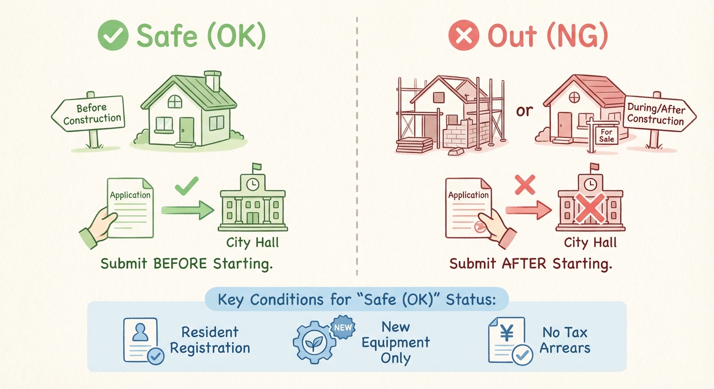 AI図解: 補助金受給の可否を分ける「着工タイミング」と基本要件図解