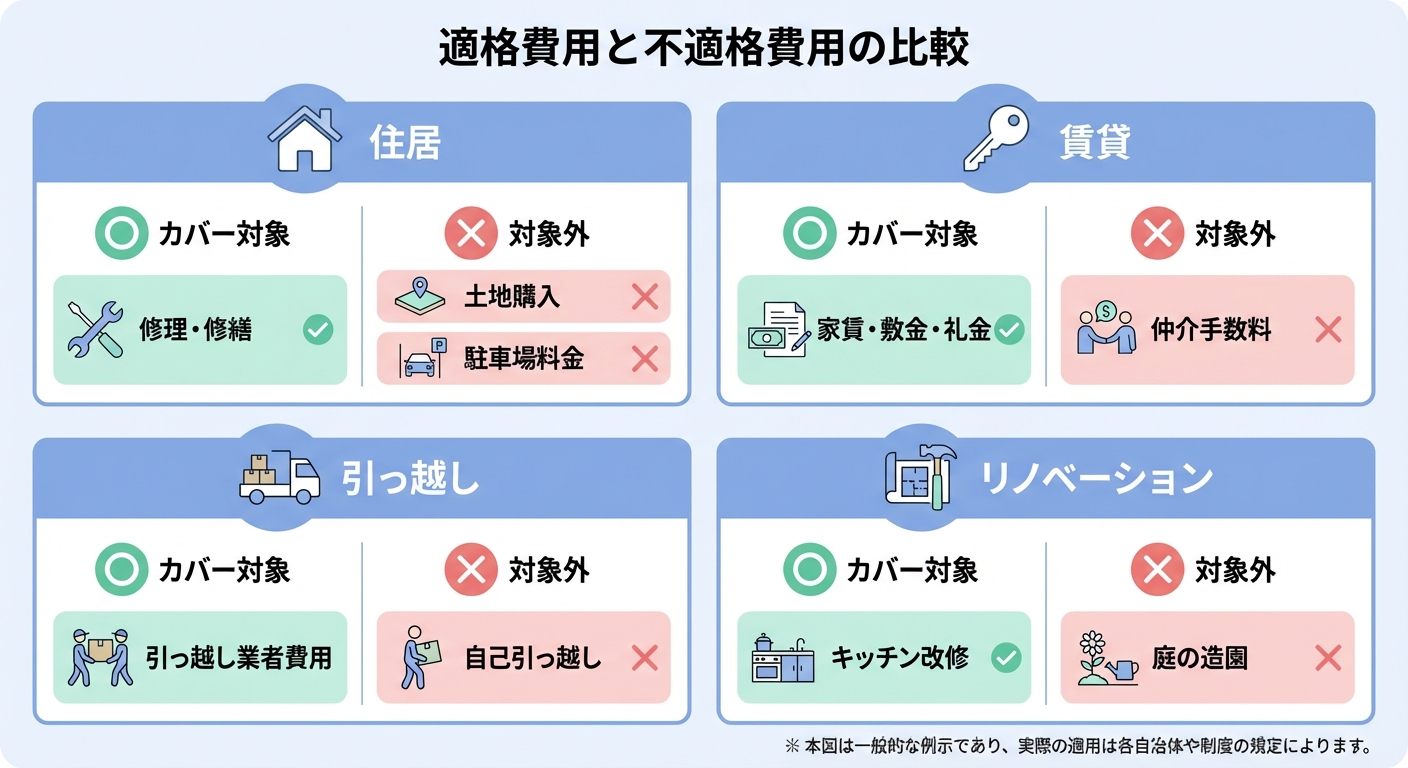AI図解: 補助対象・対象外経費の早見表（〇×リスト）