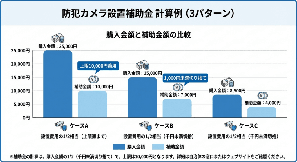 AI図解: 補助金額の計算シミュレーション(上限と切り捨てルールの図解)