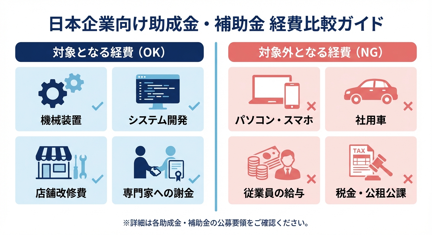 AI図解: 補助対象経費と対象外経費の比較図解