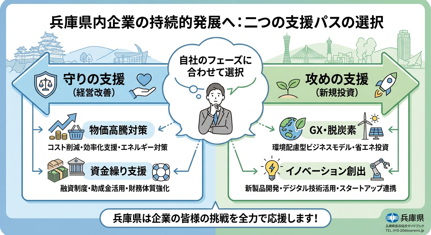 AI図解: 兵庫県における支援策の二極化（守りと攻めの戦略マップ）