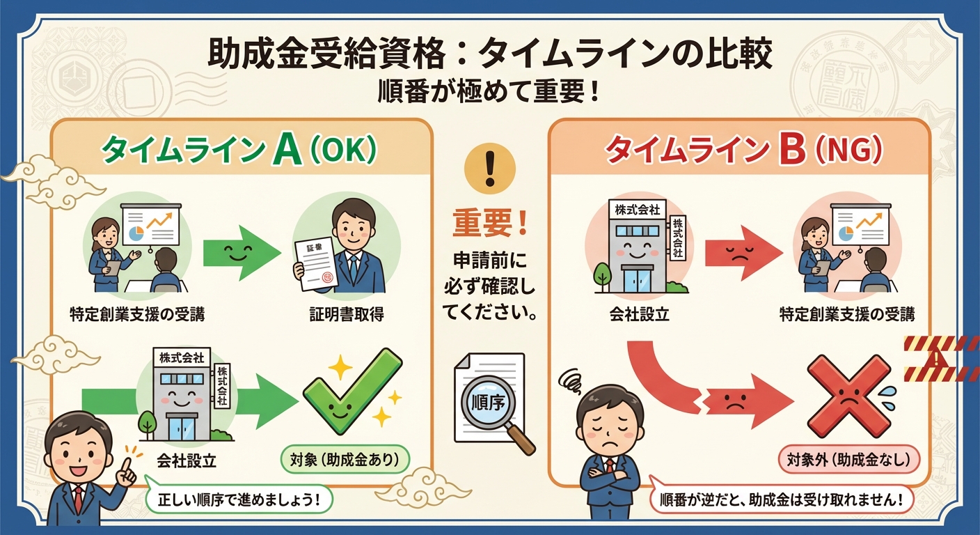 AI図解: 助成金受給の成否を分ける「順番」の条件分岐