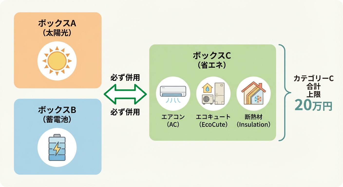 AI図解: 補助対象設備の区分と連携条件の図解
