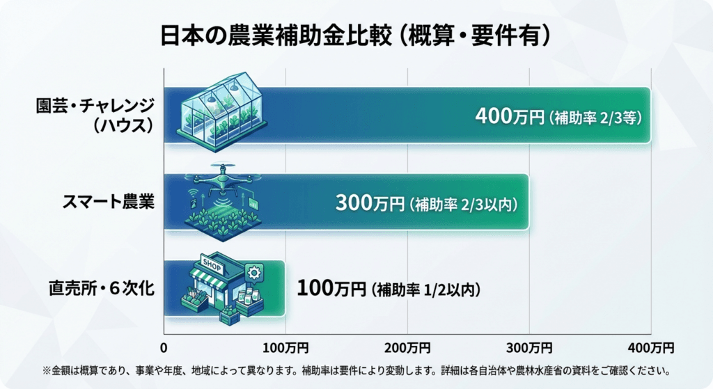 AI図解: 事業区分別の補助上限額と補助率の比較グラフ