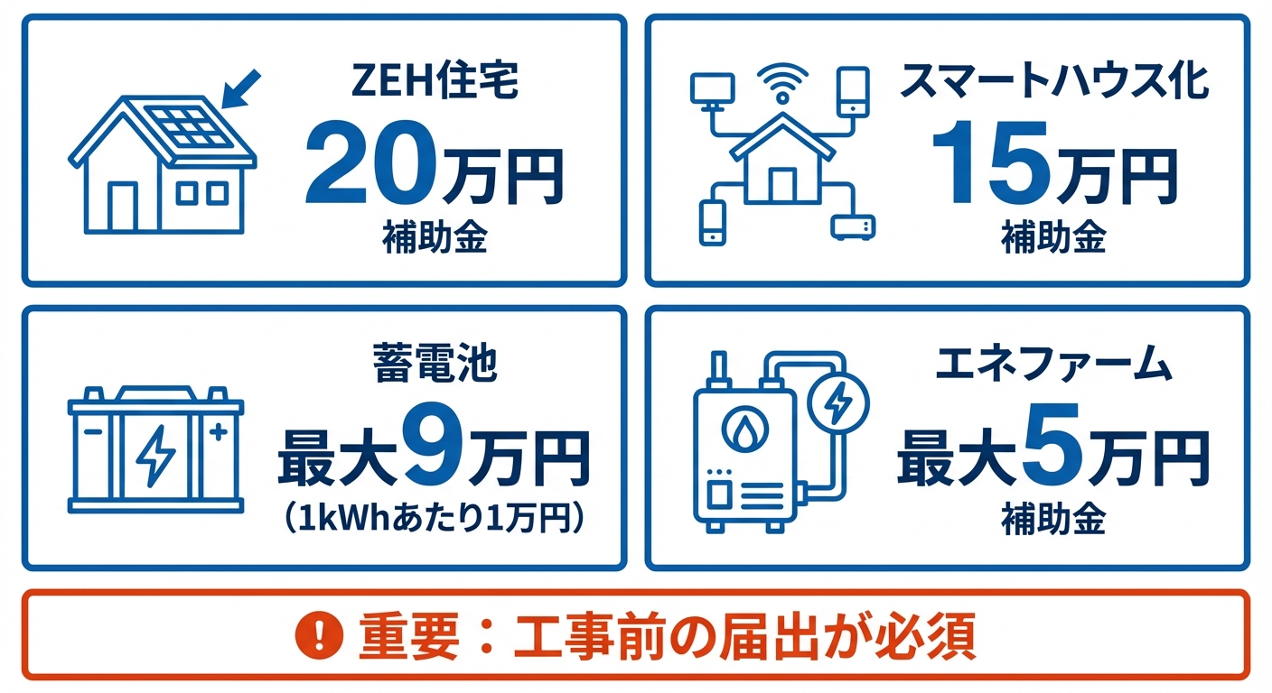 AI図解: 住宅用設備の補助金額・条件の比較図解