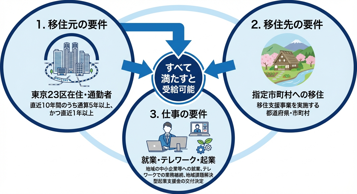 AI図解: 移住支援金の3つの受給要件（移住元・先・仕事）