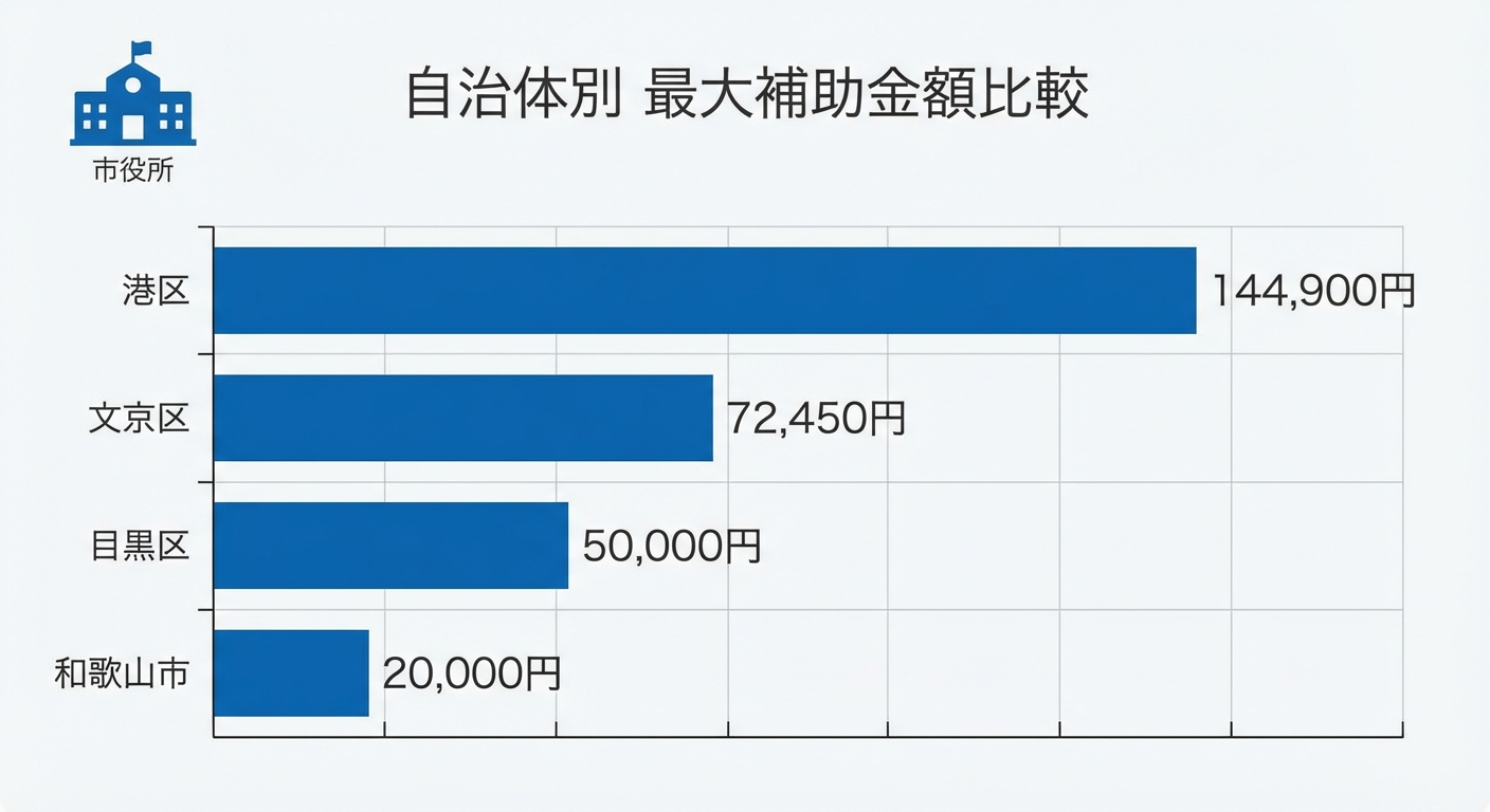 AI図解: 主要自治体の助成上限額の比較（金額の格差）