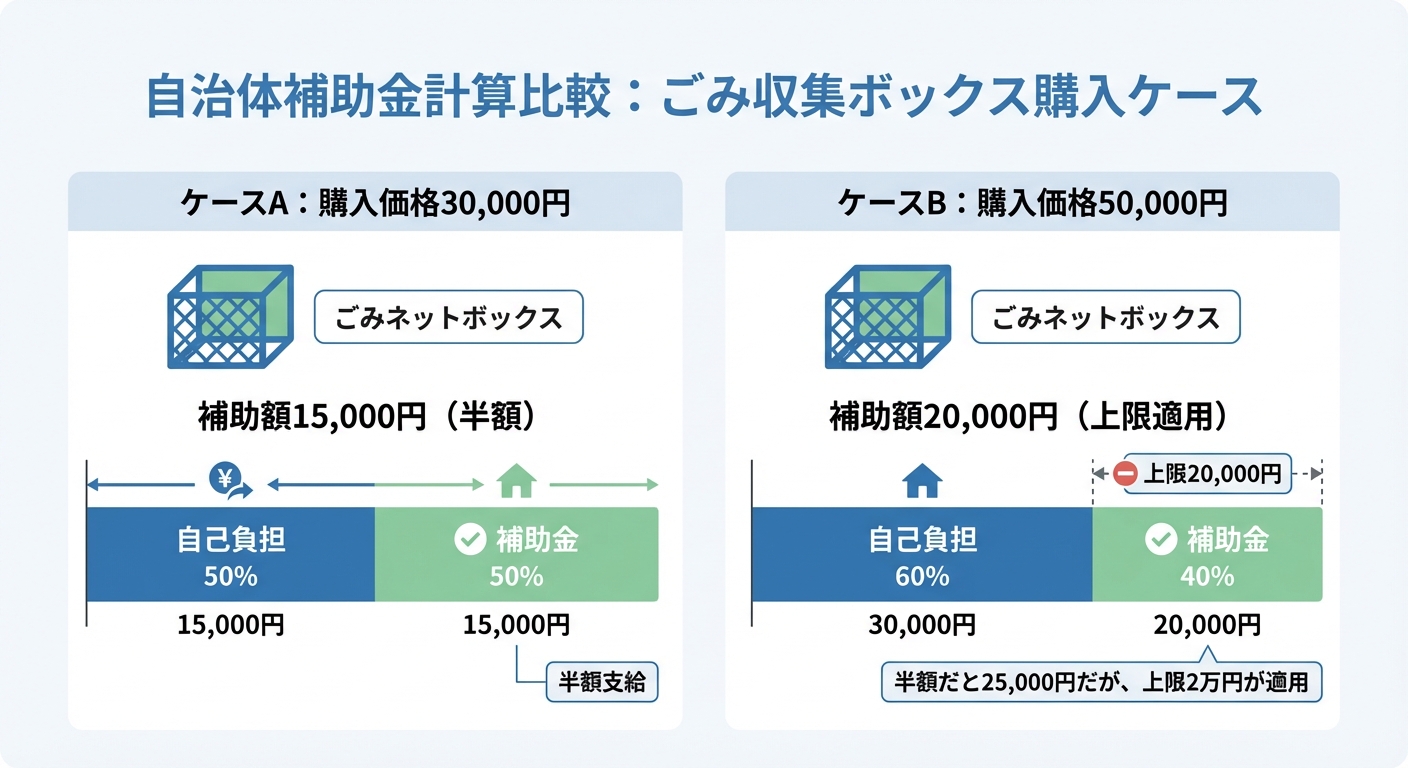 AI図解: 補助金額のシミュレーション（上限20,000円・補助率1/2）