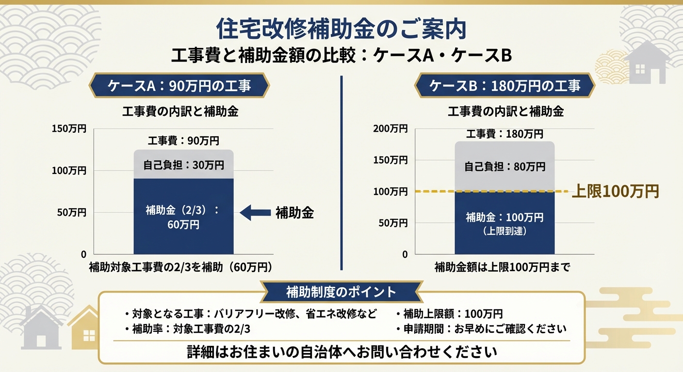 AI図解: 補助金額のシミュレーション（2/3補助と上限100万円）