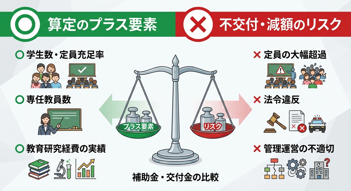 AI図解: 補助金算定のプラス要素と不交付・減額リスク