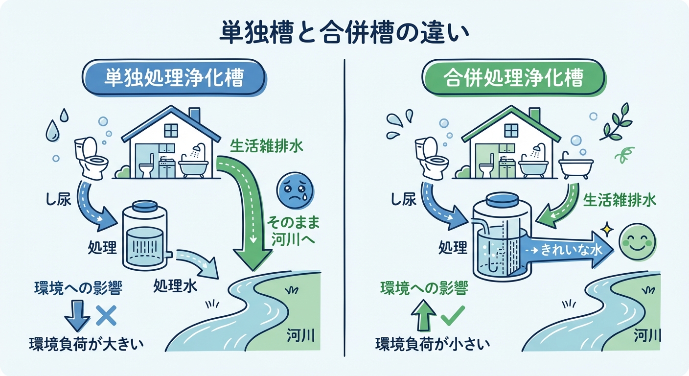 AI図解: 単独処理浄化槽と合併処理浄化槽の構造・環境負荷の比較