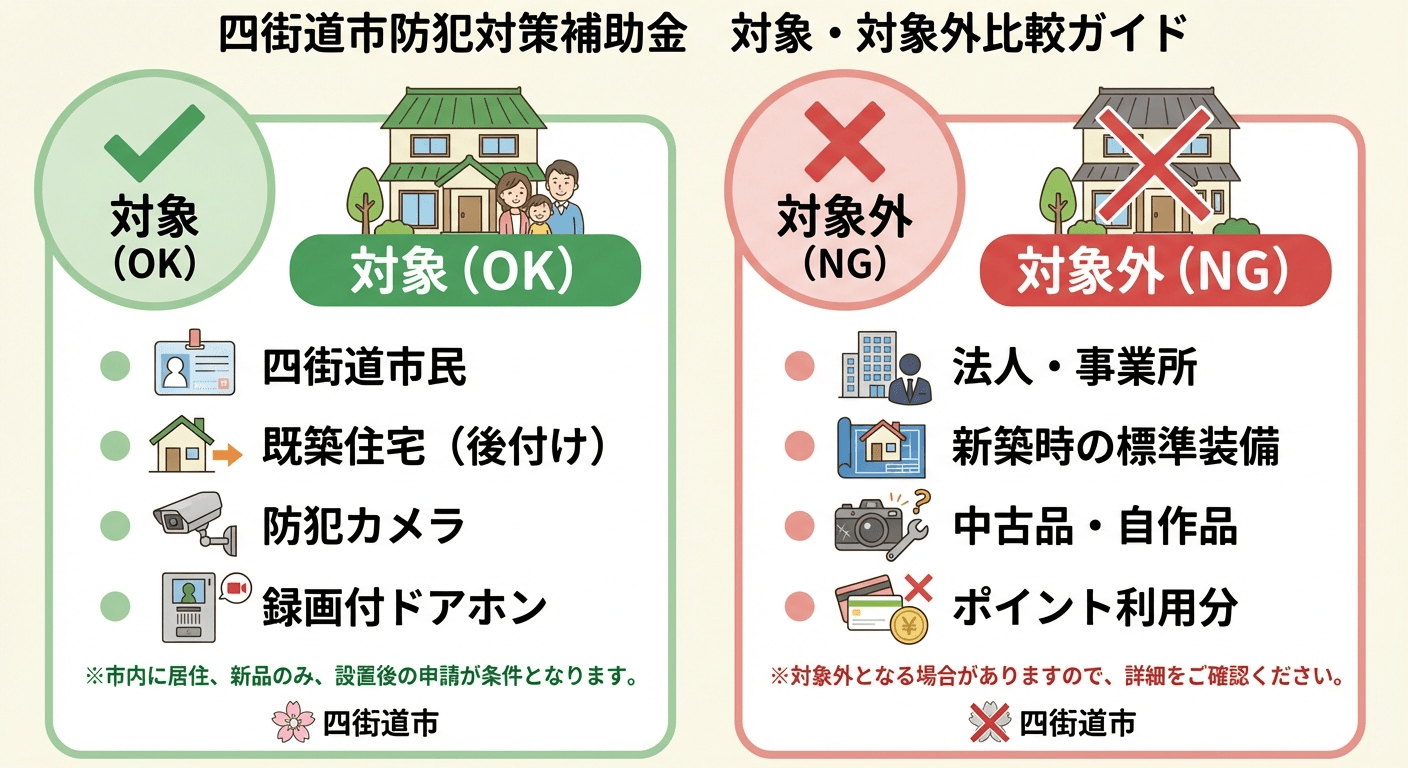 AI図解: 補助対象の○と×（条件分岐と対象設備）