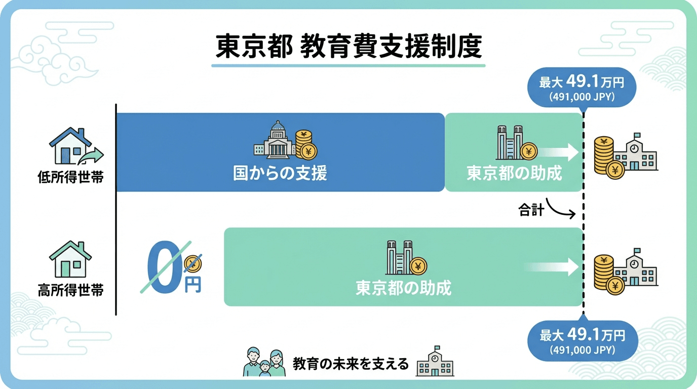 AI図解: 国の就学支援金と東京都の助成金の組み合わせ構造