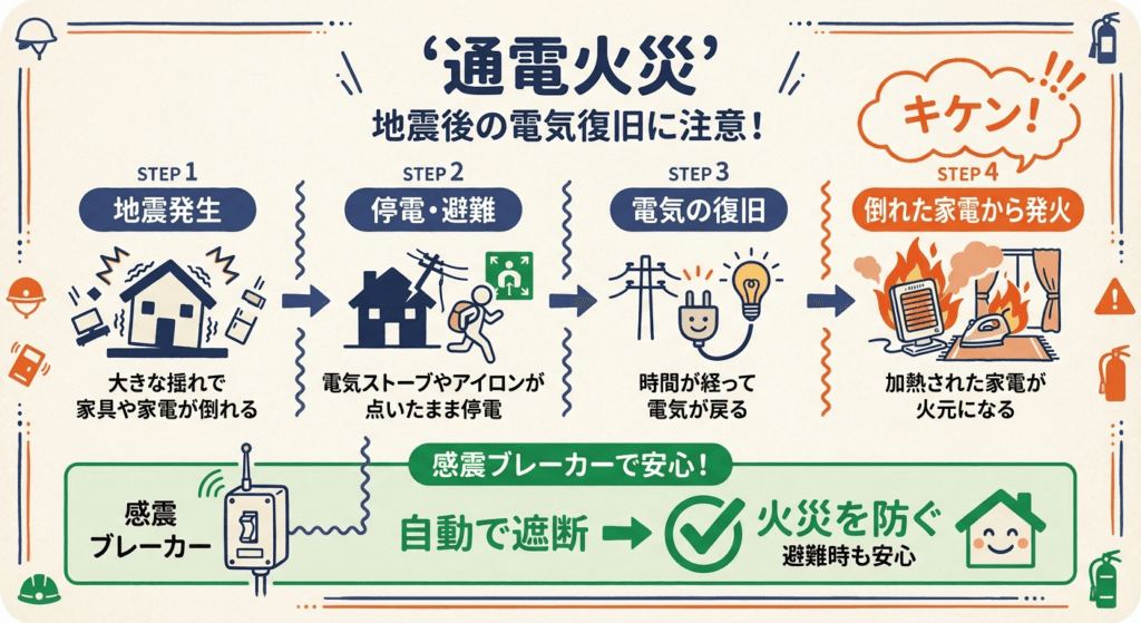 AI図解: 通電火災のメカニズムと感震ブレーカーの効果