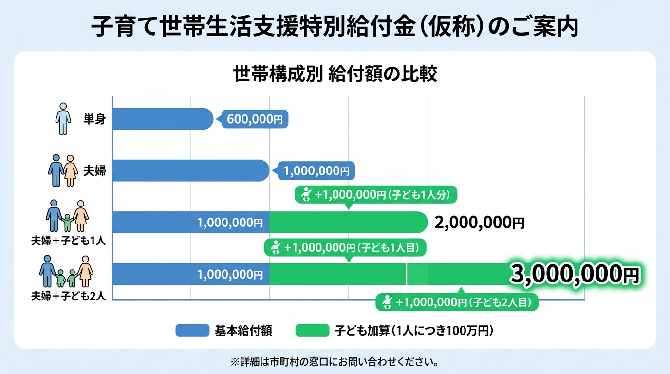AI図解: 世帯構成別の支給額シミュレーション比較