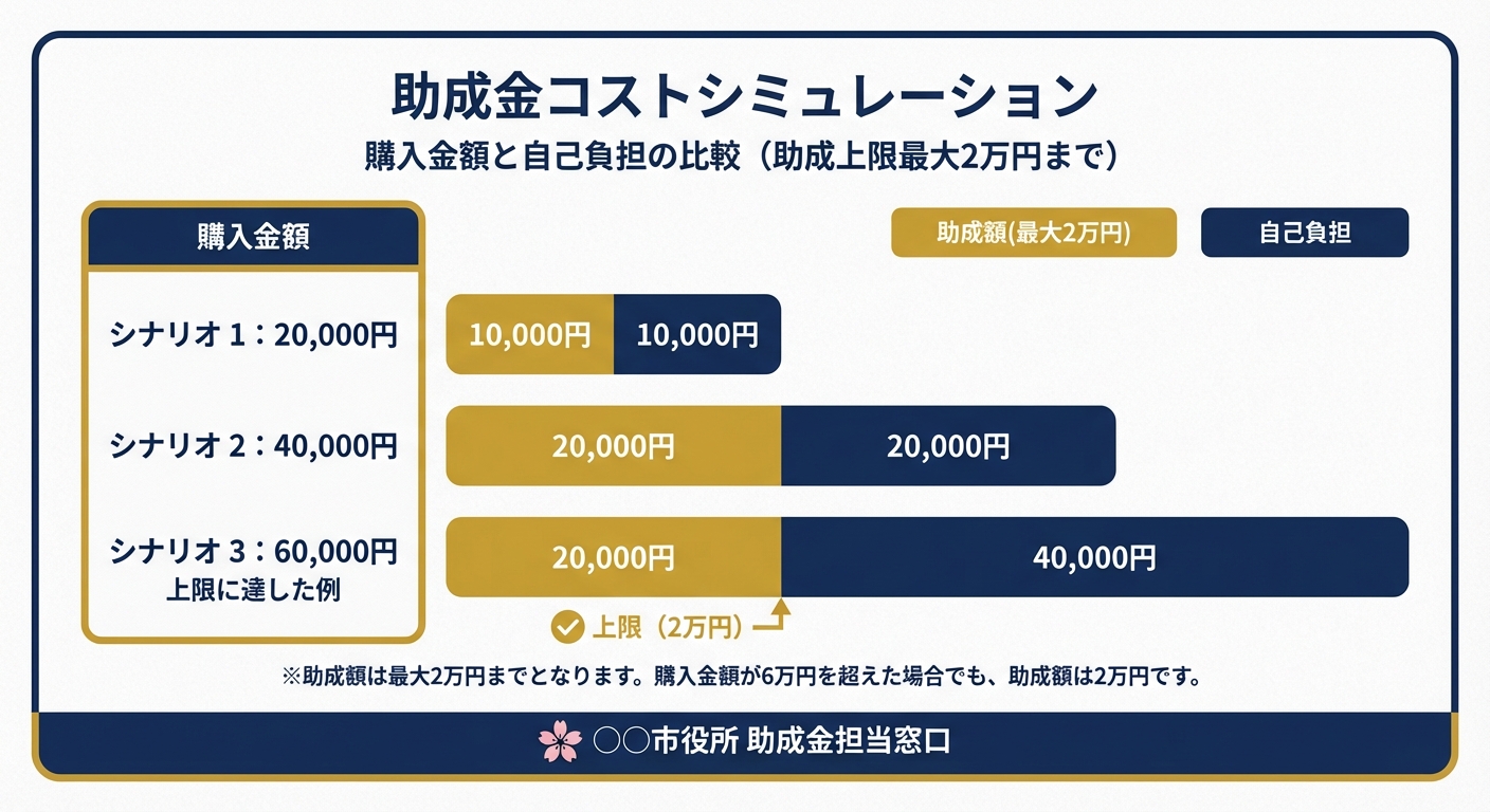 AI図解: 助成額のシミュレーション(上限2万円・助成率1/2)