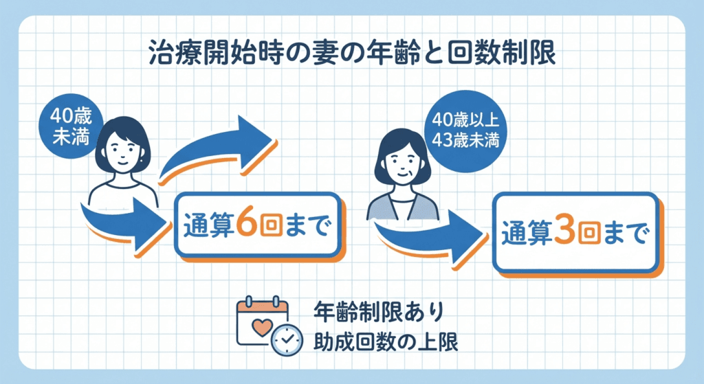 AI図解: 治療開始時の妻の年齢による助成回数(保険適用ルール)の図解