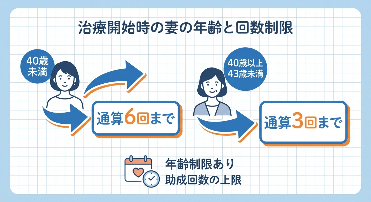 AI図解: 治療開始時の妻の年齢による助成回数（保険適用ルール）の図解