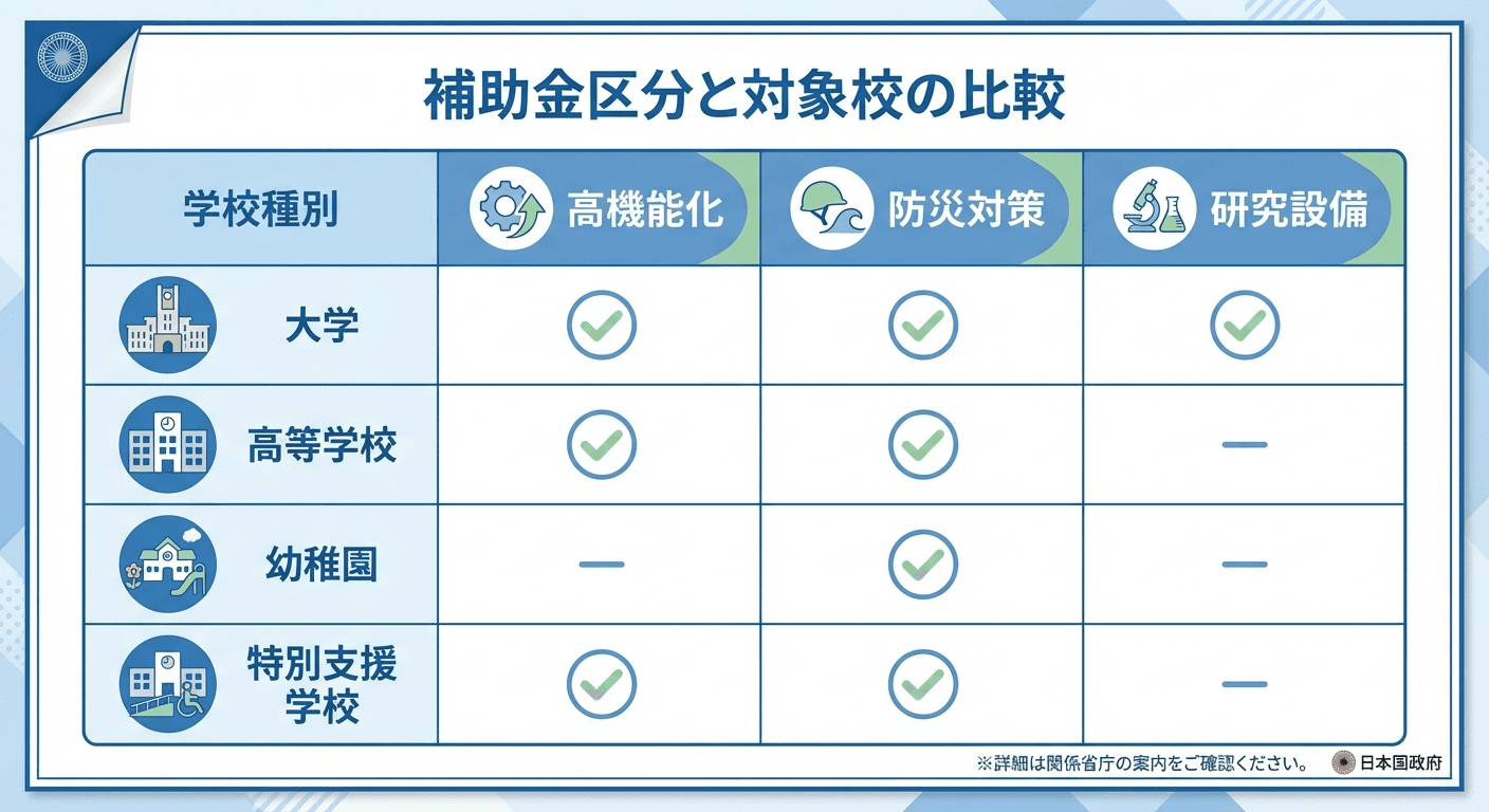 AI図解: 事業区分と対象学校の対応マトリックス
