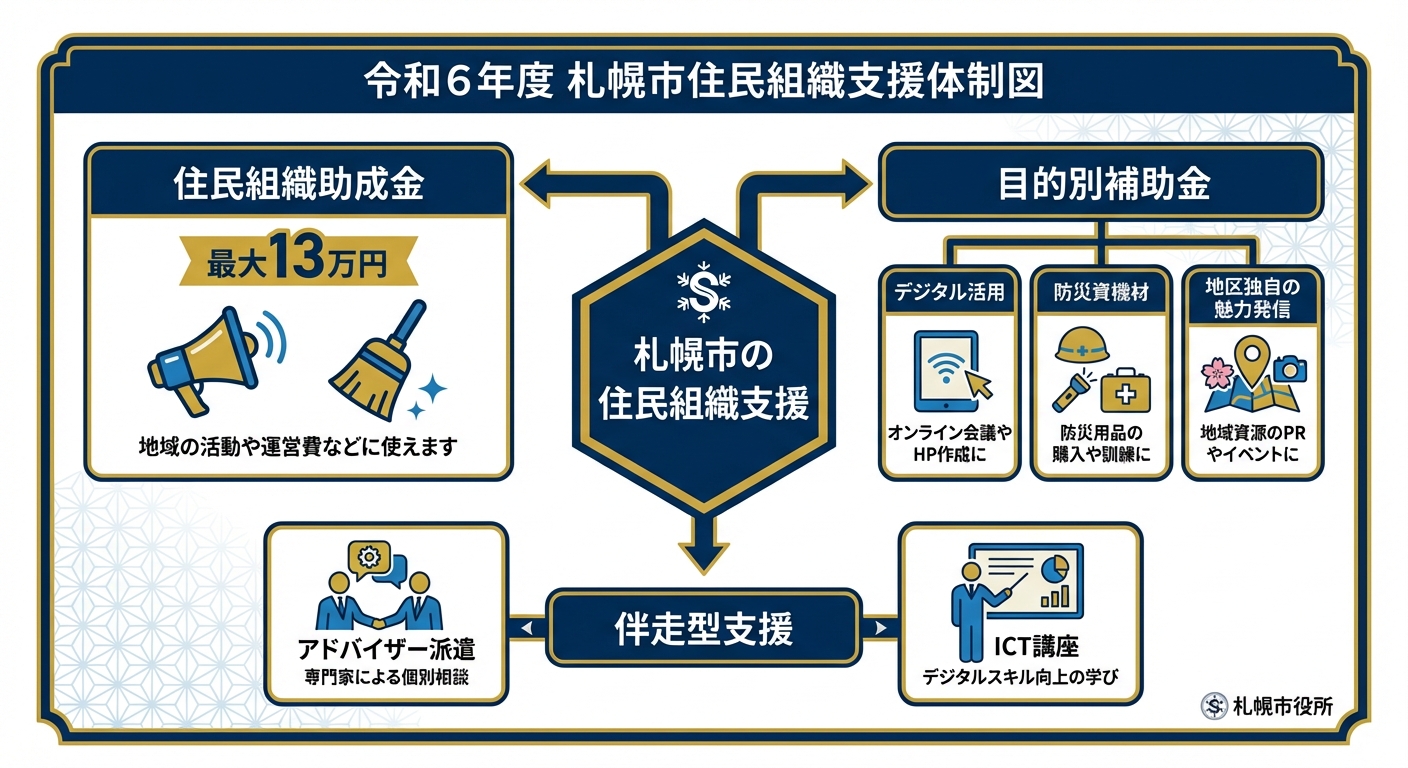 AI図解: 札幌市における住民組織支援の全体構造図