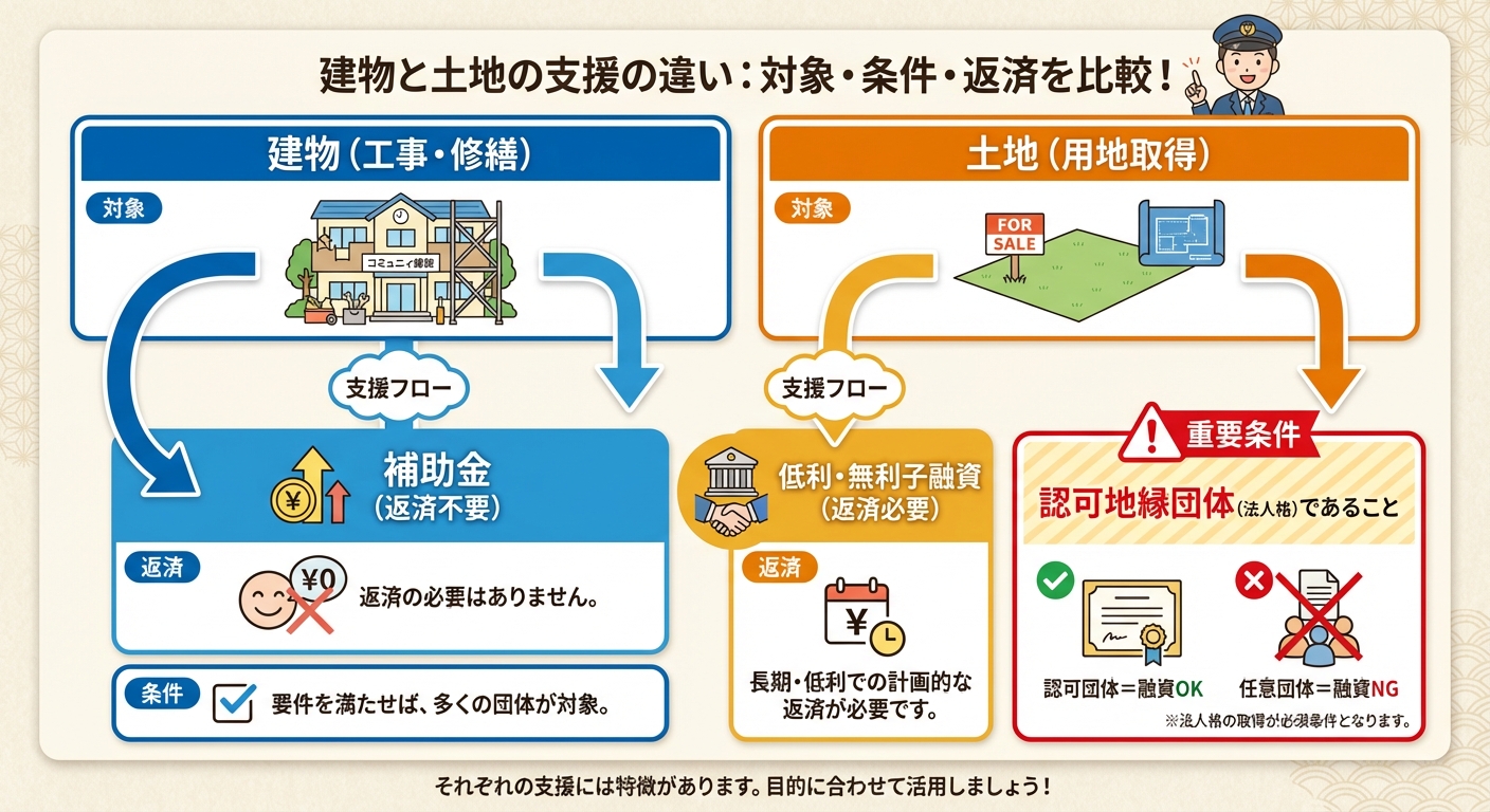 AI図解: 建物(補助金)と土地(融資)の支援形態と条件の違い