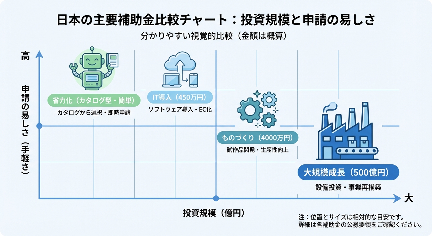 AI図解: 2026年度 主要補助金の規模と目的の比較マップ