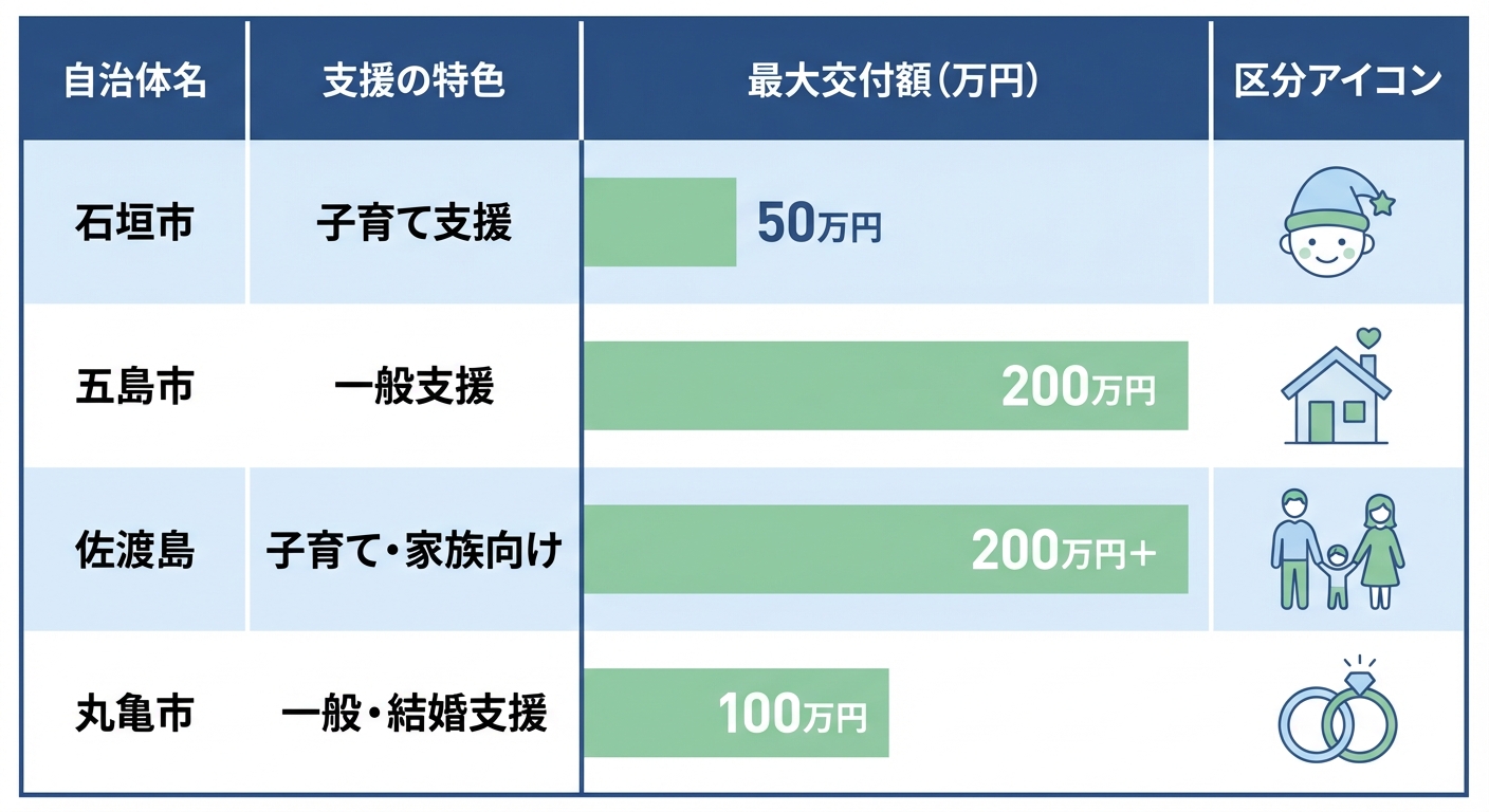 AI図解: 石垣市と他自治体の移住支援金比較表