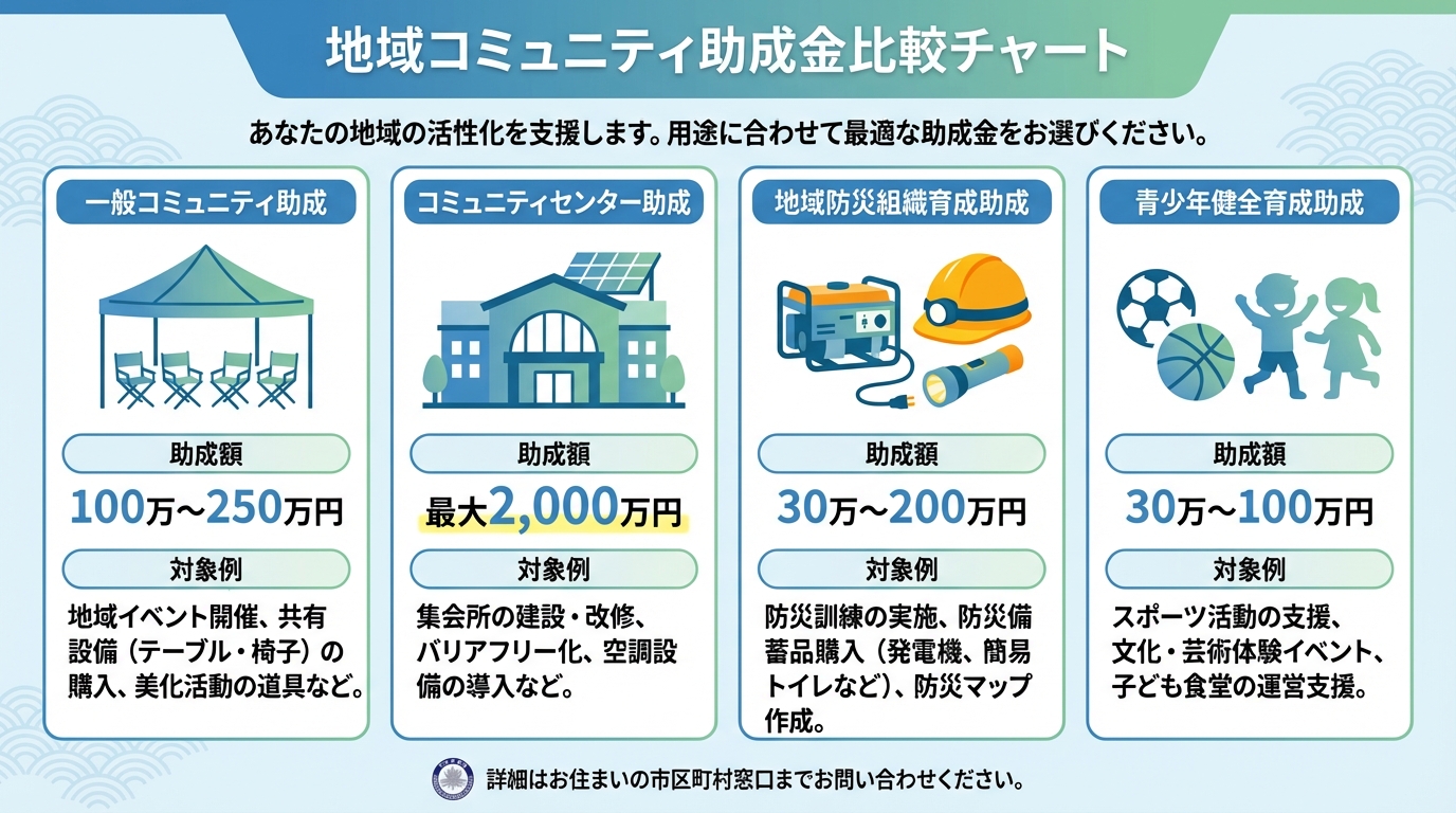AI図解: コミュニティ助成事業のメニュー別金額・対象比較
