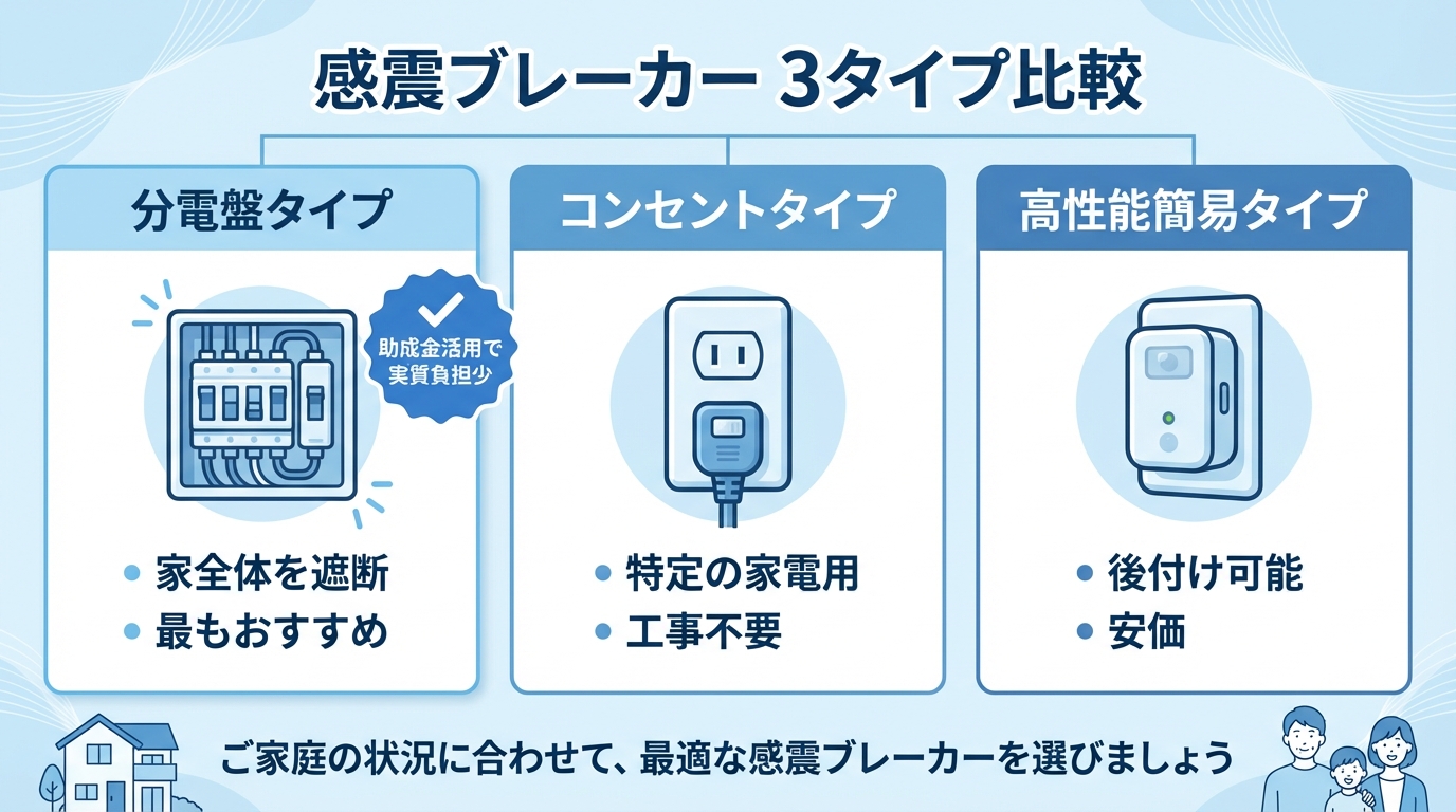 AI図解: 感震ブレーカー3つのタイプの比較表