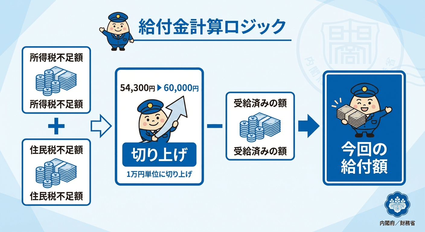 AI図解: 不足額給付の計算シミュレーション(1万円単位の切り上げルール)