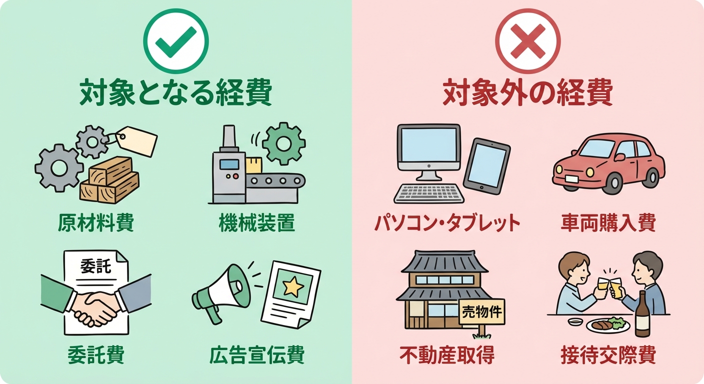 AI図解: 補助対象経費と対象外経費のOK/NG判別図解
