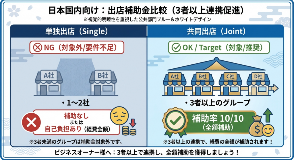 AI図解: 「単独出店」と「共同出店(補助対象)」の比較図解